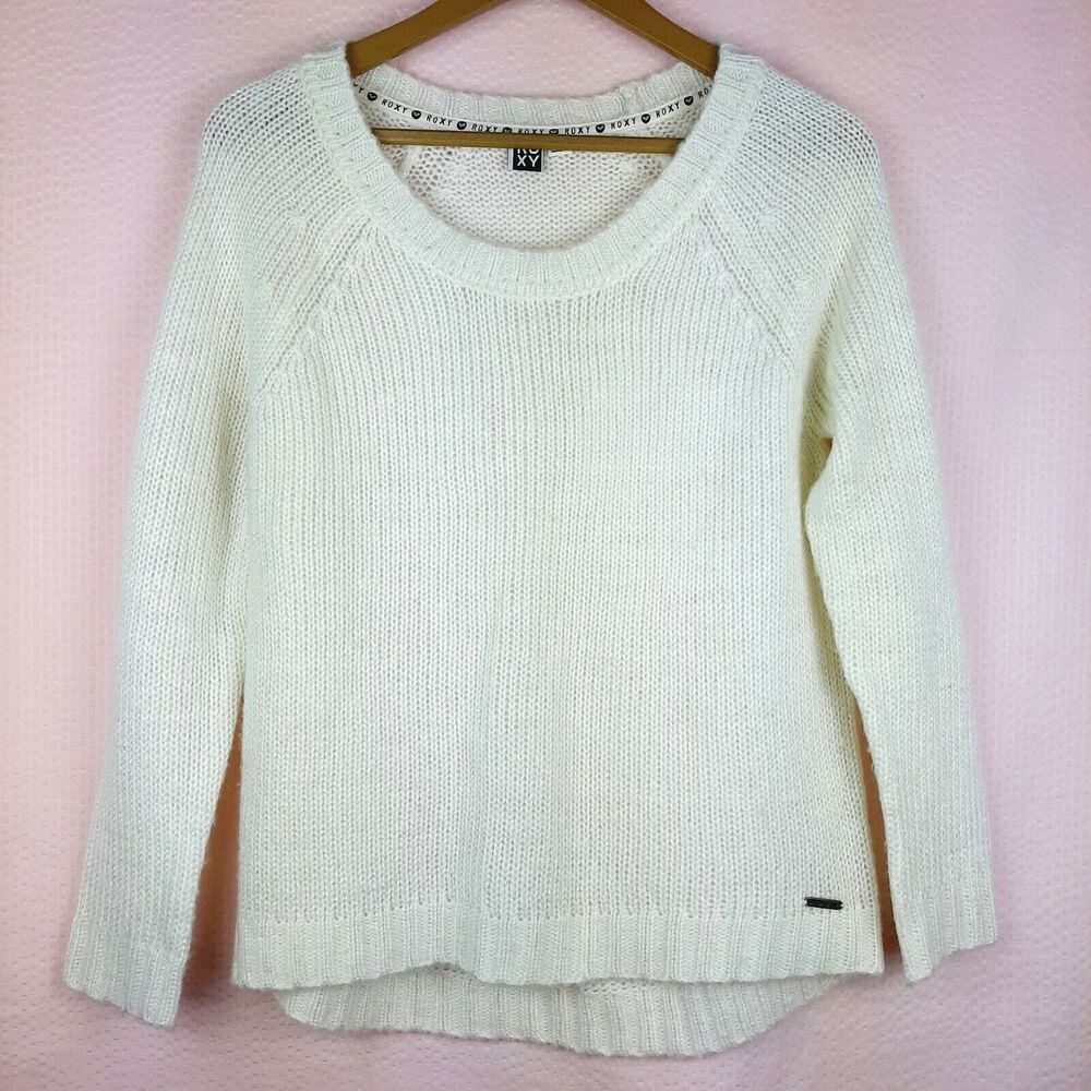 Roxy Women Ivory Sweater Pullover Cozy Metallic Boat Neck Loose Knit Size M